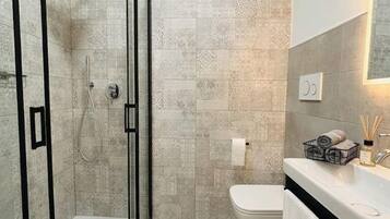 Shower, hair dryer, bidet, towels