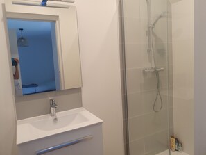 Shower, towels, toilet paper