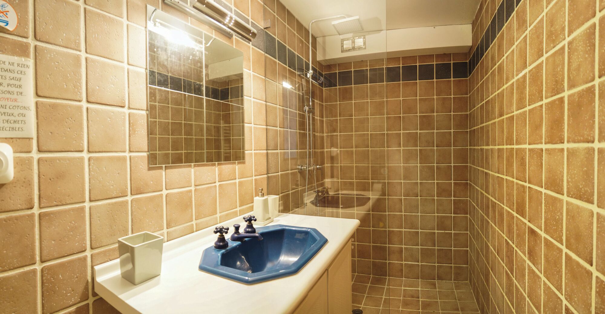 Un baño con lavamanos, espejo y ducha.