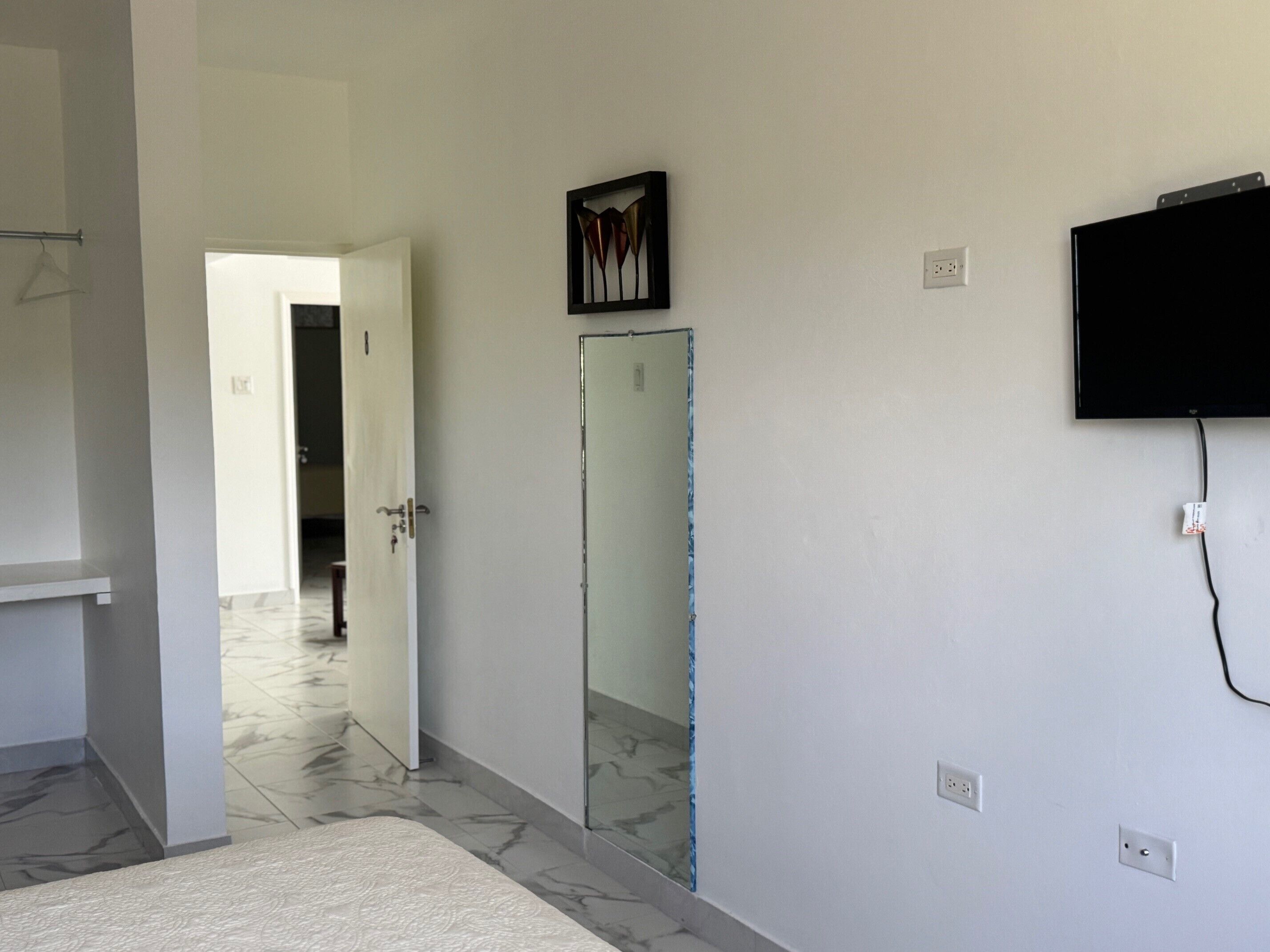 Un couloir avec une porte, un miroir et un téléviseur fixé au mur.