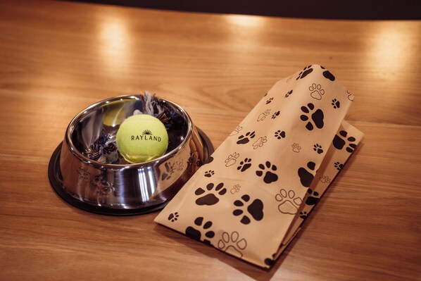 Una ciotola per cani in acciaio inox, una pallina da tennis verde e un sacchetto di carta marrone con impronte di zampe.