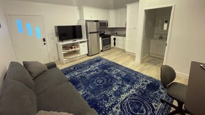 Un salon moderne avec un canapé gris, un téléviseur à écran plat et un tapis bleu à motifs.