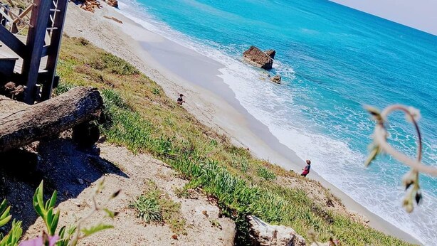 Une plage côtière avec un escalier descendant vers le rivage, une vue dégagée sur l’océan et un bâtiment situé au loin, sur une colline.