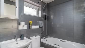 Hair dryer, towels, toilet paper