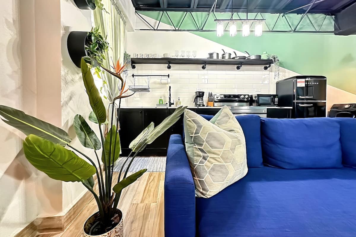 A modern living room with a blue sofa, a potted plant, and a kitchen area in the background.