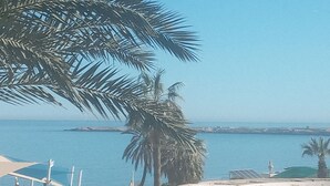 Une aire de jeux avec des toboggans et des balançoires, un palmier et une vue sur la mer.