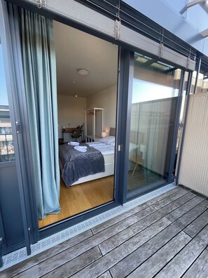 1 bedroom, desk, iron/ironing board, travel cot