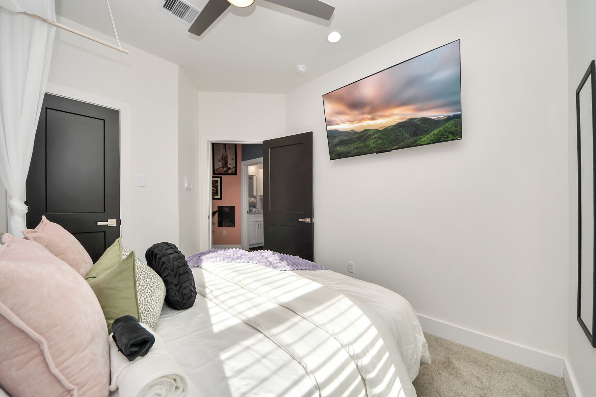 Une chambre à coucher avec un lit, une télévision et une porte.