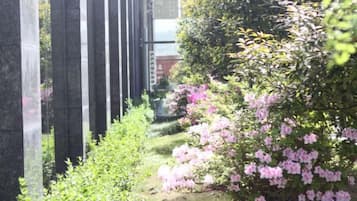 A garden with a stone pathway, flowering shrubs, and a building in the background.
