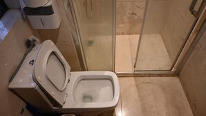 Un bagno piccolo con il water, una doccia e un portasciugamani per carta igienica.