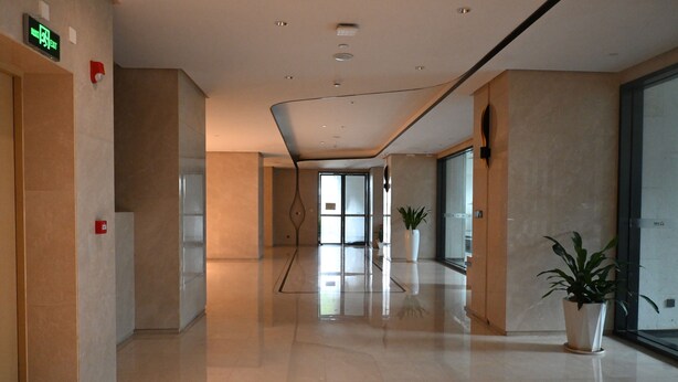 Hall d'albergo moderna con pavimento lucido, scrivania della reception e piante in vaso.
