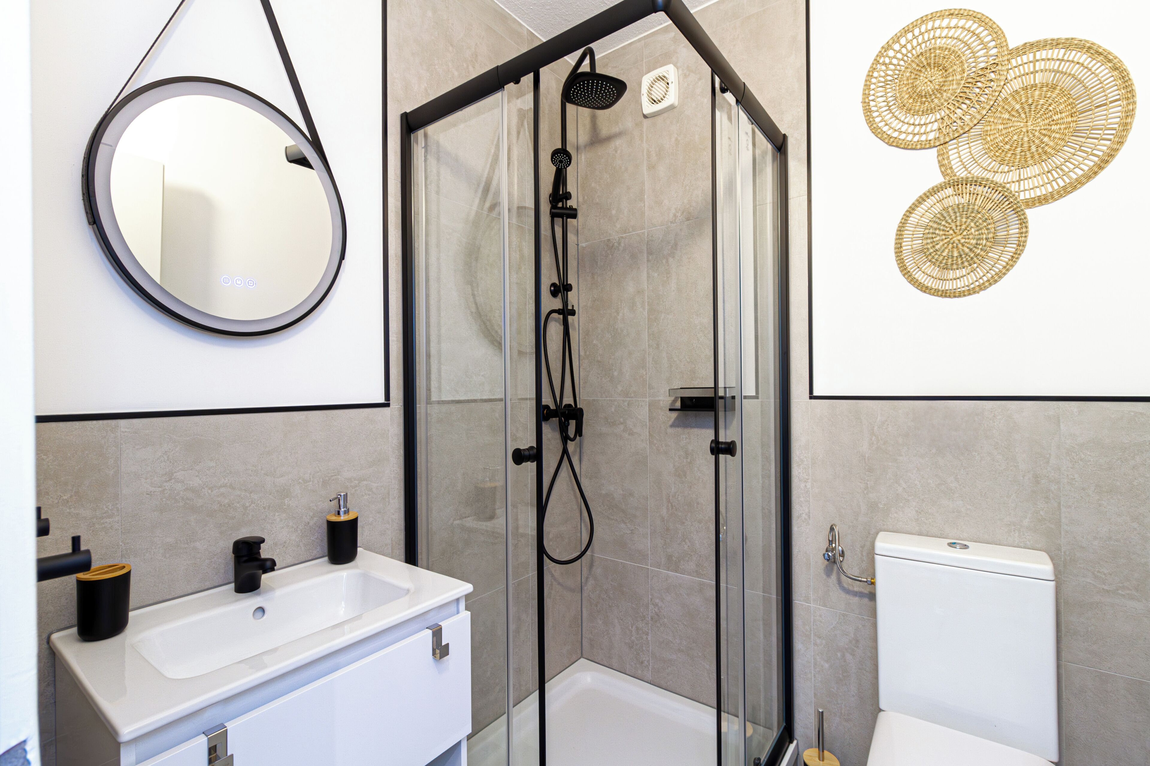 Shower, hair dryer, towels, toilet paper