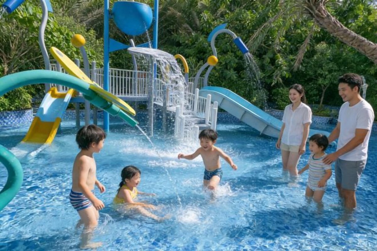 A water park with slides and play structures.