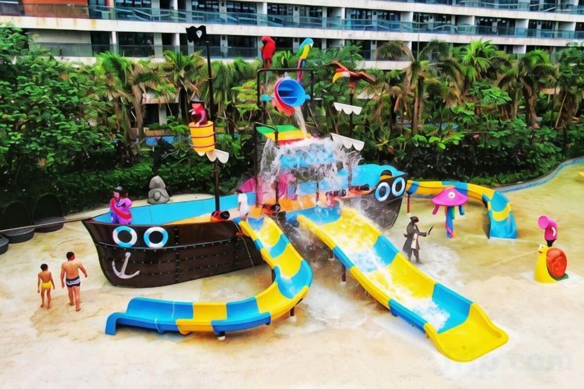 A water park with slides and play structures.