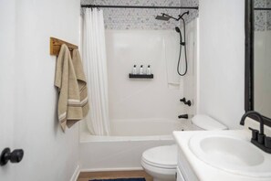 Shower, hair dryer, shampoo