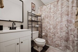 Shower, hair dryer, shampoo