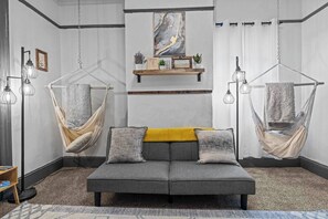 TV, fireplace, books, offices