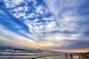 A beach with a clear sky and waves.