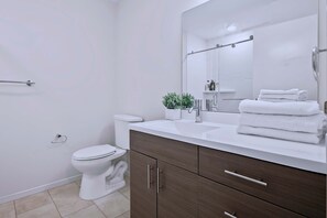 Shower, hair dryer, towels, toilet paper