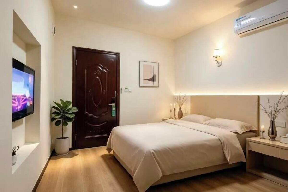 A hotel room with a bed, bedside table, lamp, TV, potted plant, and a door.