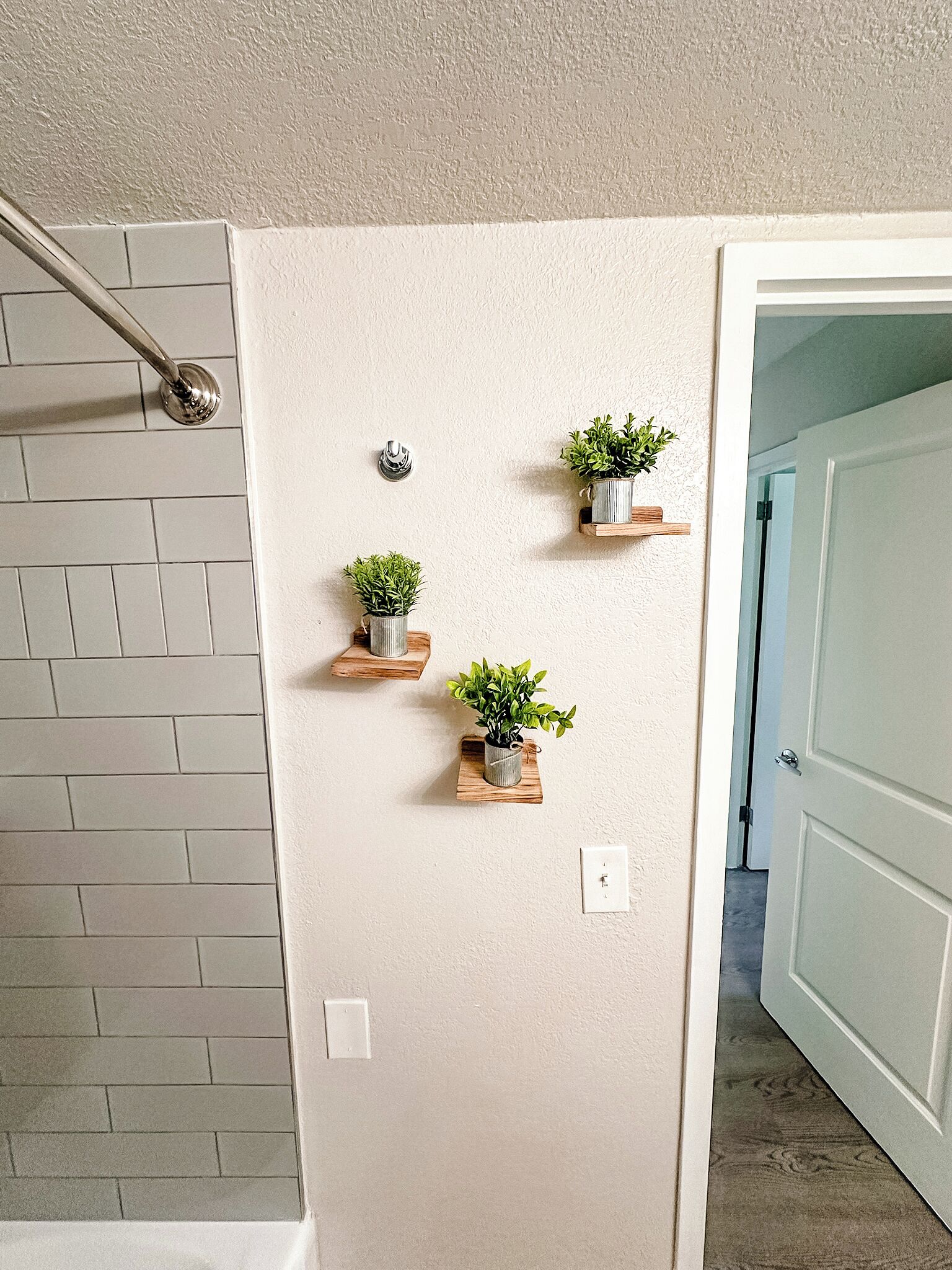 A hallway with a light-colored wall, a tiled floor, and a door on the right. There are four small wooden shelves with potted plants on the wall.