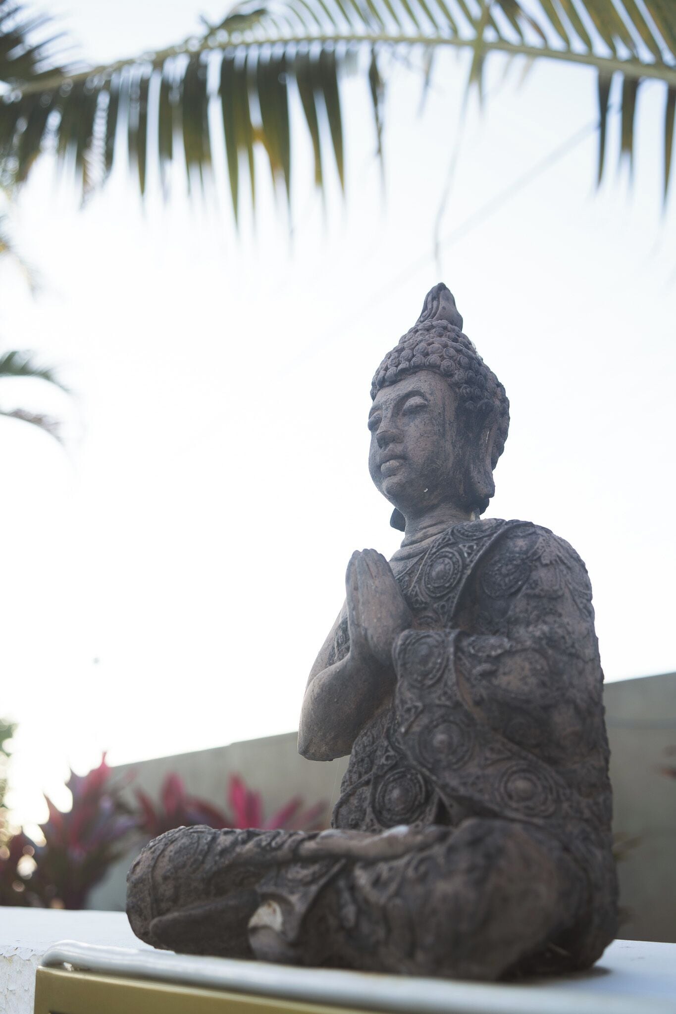 A statue of a seated figure with hands in a prayer position, set against a backdrop of palm leaves and a wall.