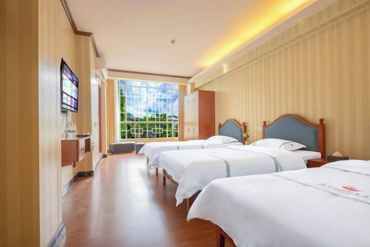 A hotel room with three beds, a TV, a window with a view, and a wooden floor.