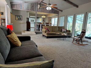 Smart TV, lareira, livros