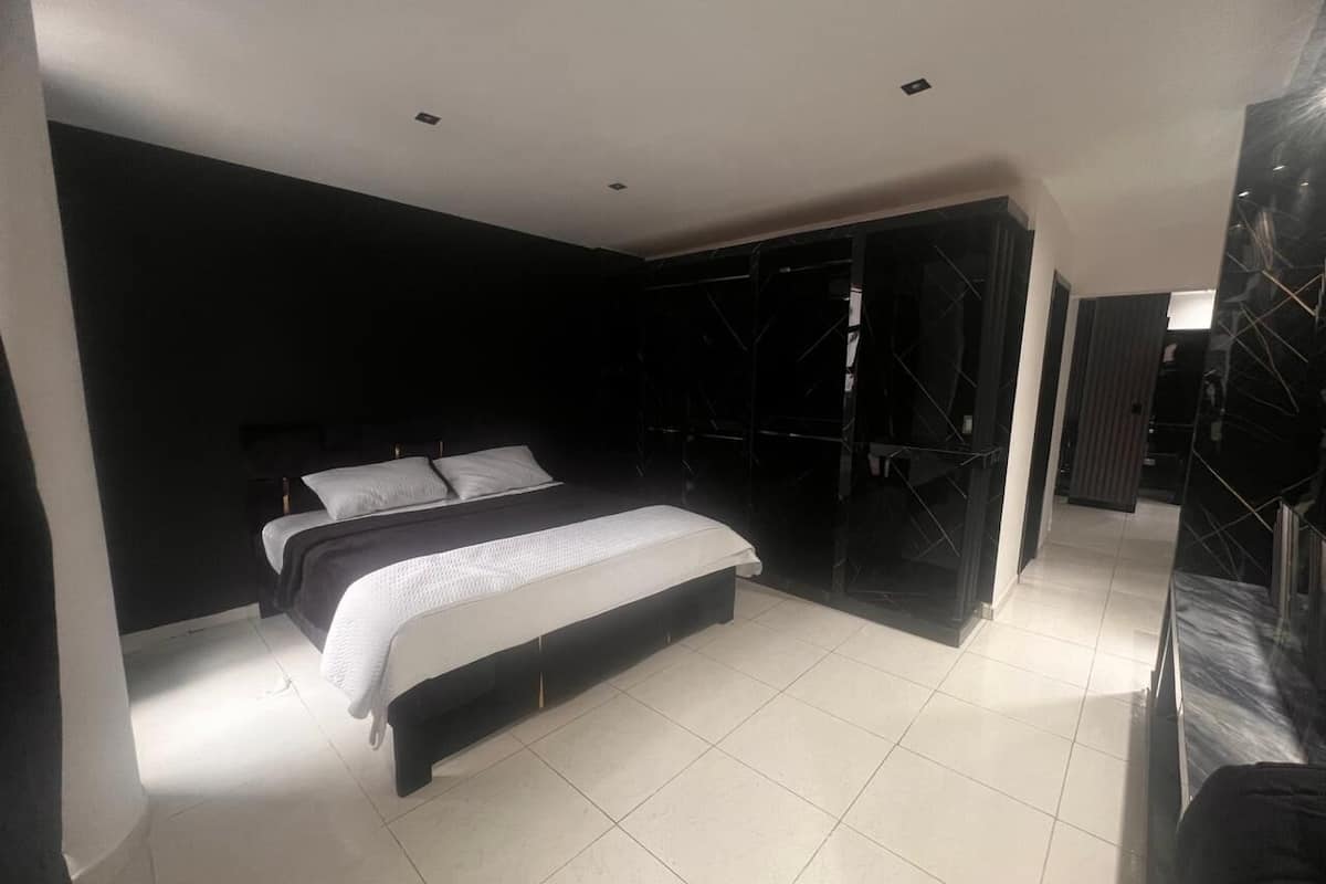 A modern bedroom with a large bed, a walk-in closet, and a dark wall.