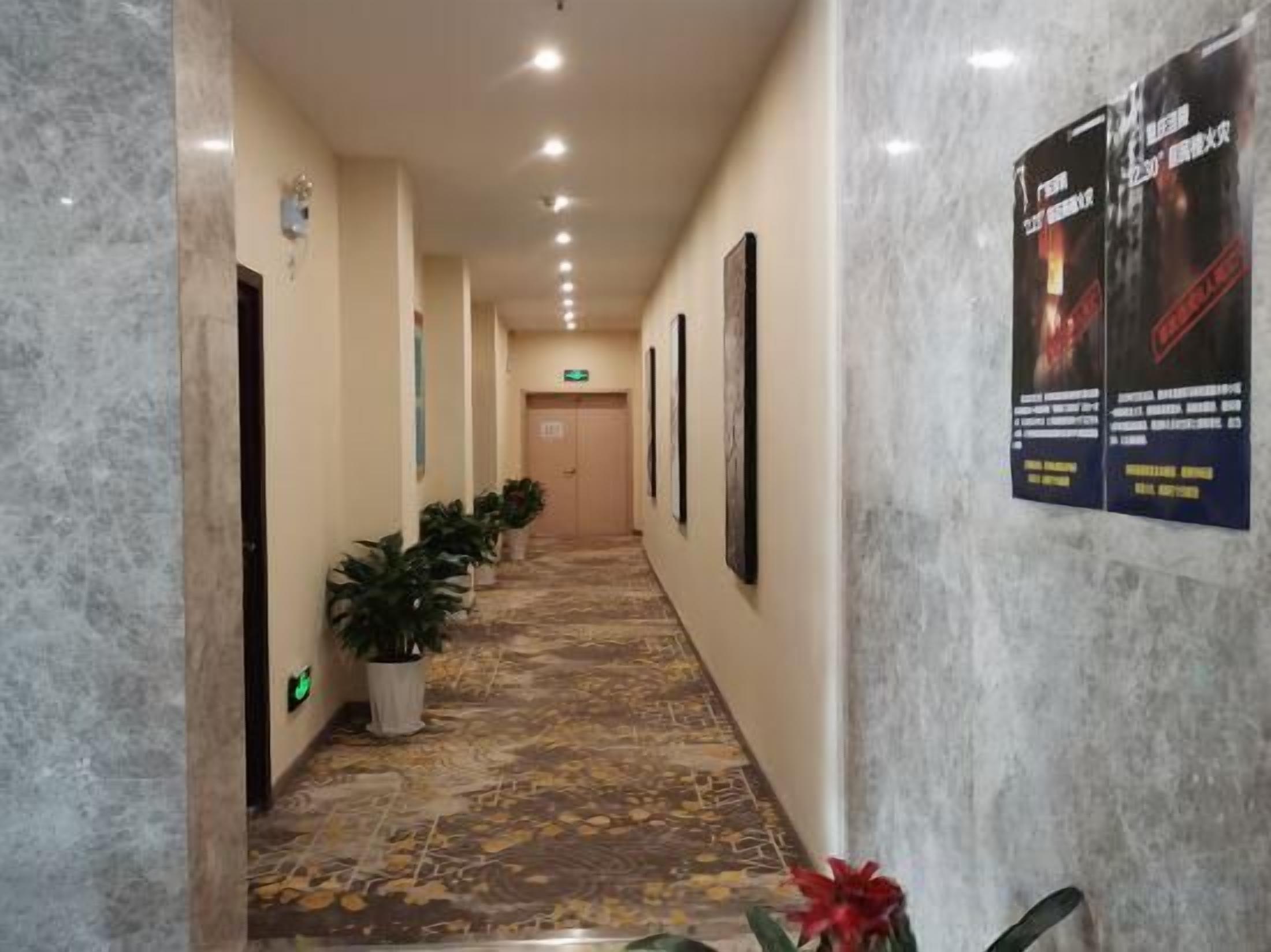 A hotel corridor with a patterned floor, potted plants, framed pictures on the walls, and a poster advertising a hotel event.