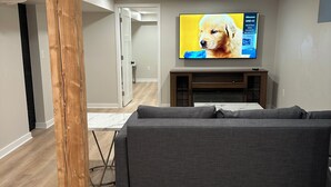 Una sala de estar con un sofá gris, suelo de madera y un televisor montado en la pared mostrando un perro.