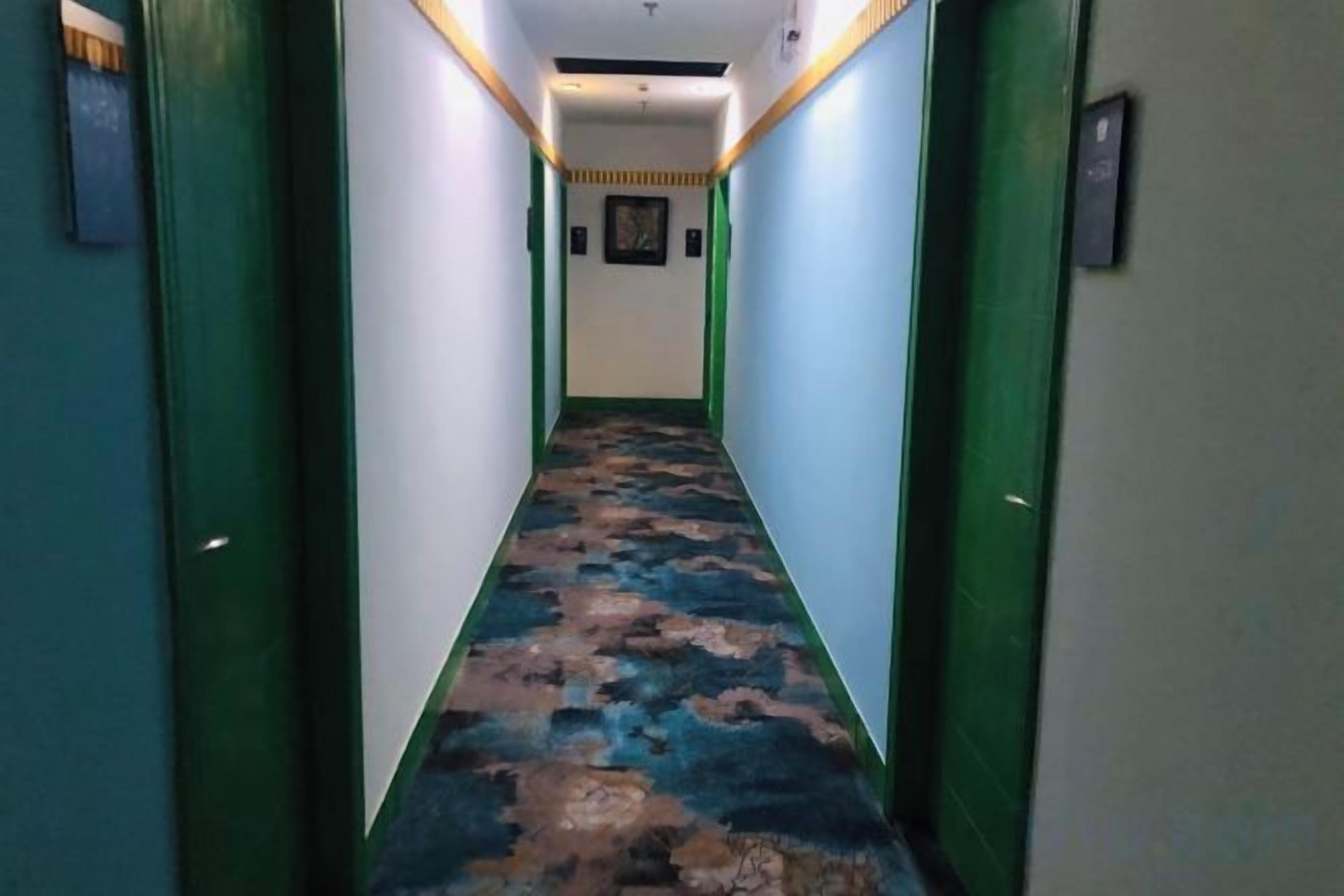 A narrow hallway with green doors on either side and a patterned carpet.