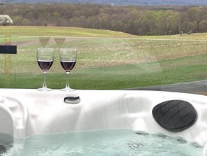 Ein Whirlpool mit zwei Gläsern Rotwein, einer Fernbedienung und Blick auf ein grünes Feld und Bäume.