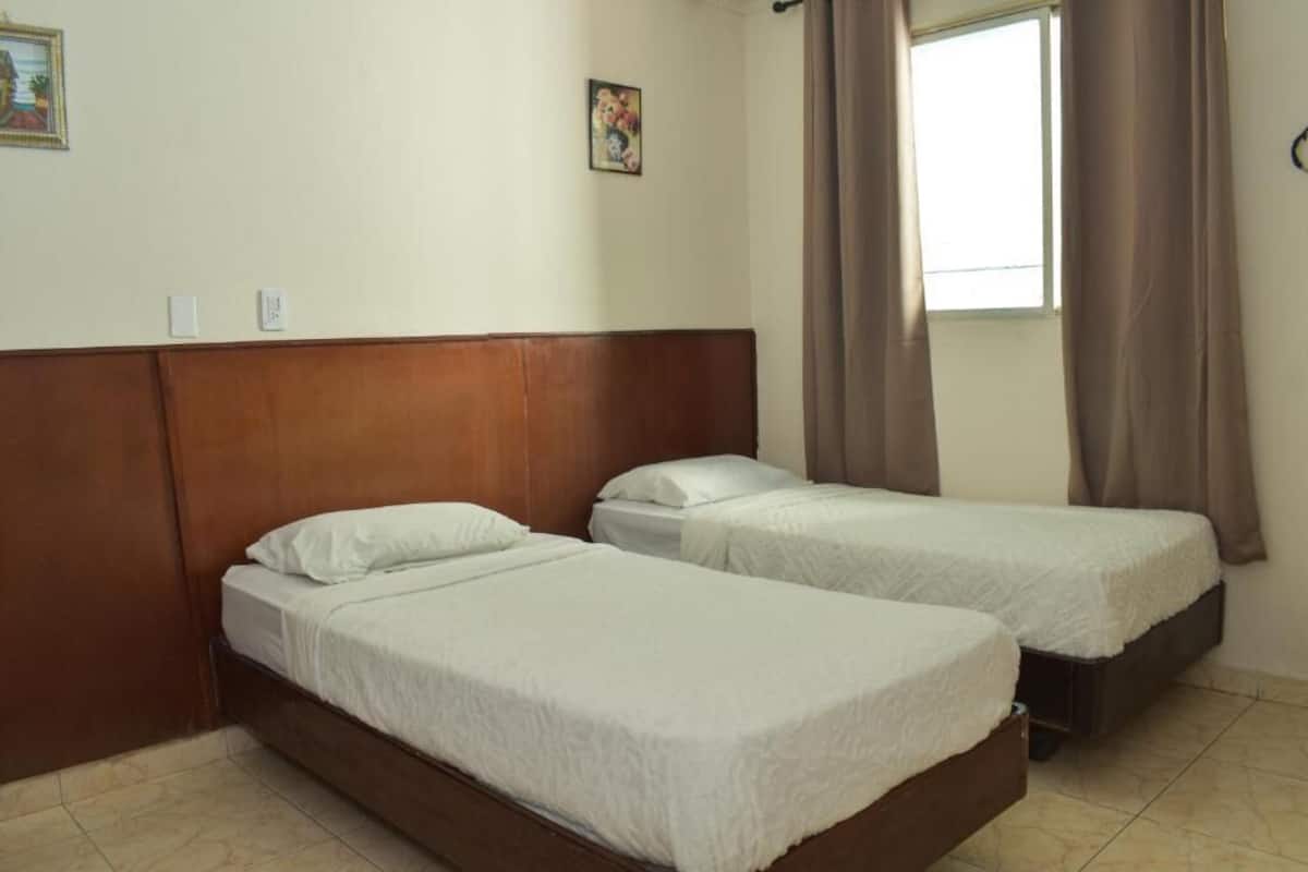 Une chambre avec deux lits simples, une tête de lit en bois, une fenêtre avec des rideaux et un petit tableau accroché au mur.