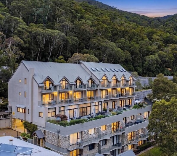 Un hotel de varios pisos con balcones, rodeado de un bosque frondoso.