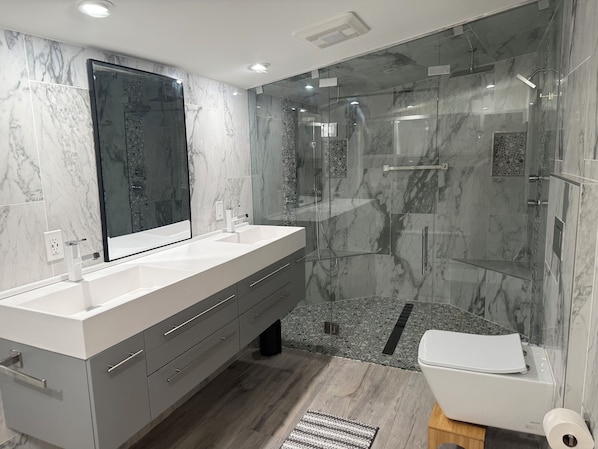 Shower, hair dryer, towels, soap