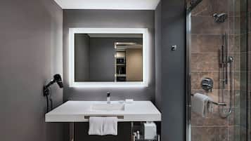 Hair dryer, towels, soap, shampoo