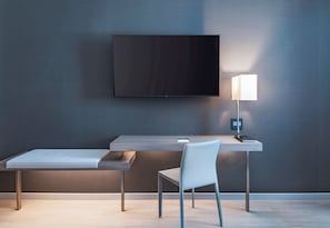 Desk, laptop workspace, blackout drapes, iron/ironing board