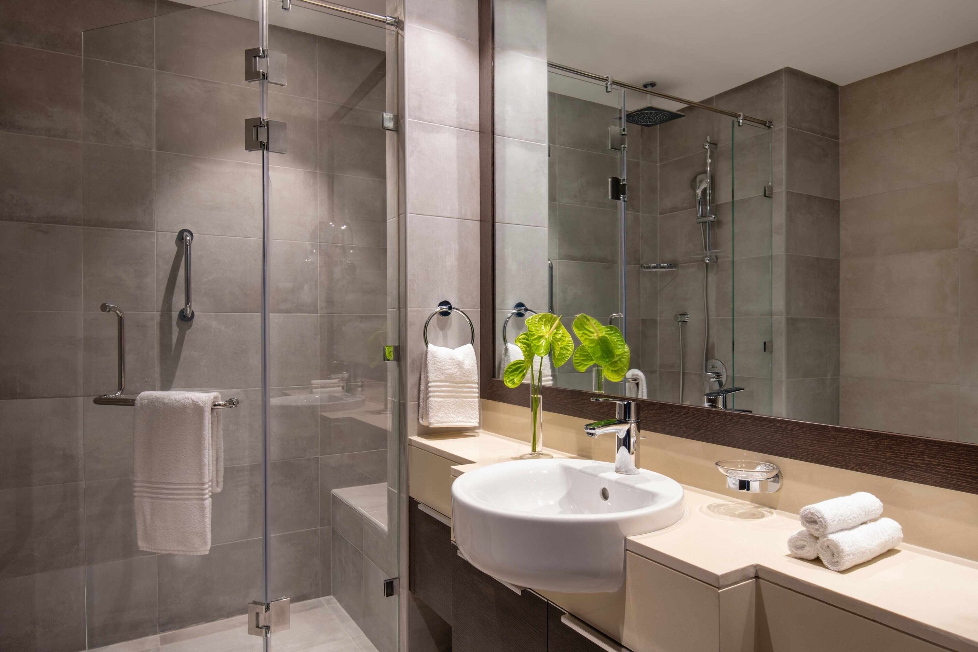 A modern bathroom with a glass shower enclosure, a large sink, and a mirror.