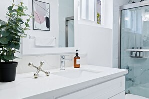 Hair dryer, towels, soap, shampoo