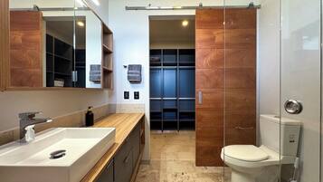 Hair dryer, towels, soap, shampoo