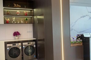 Un espace buanderie comprenant deux machines à laver, une étagère avec des objets décoratifs et un présentoir fixé au mur.