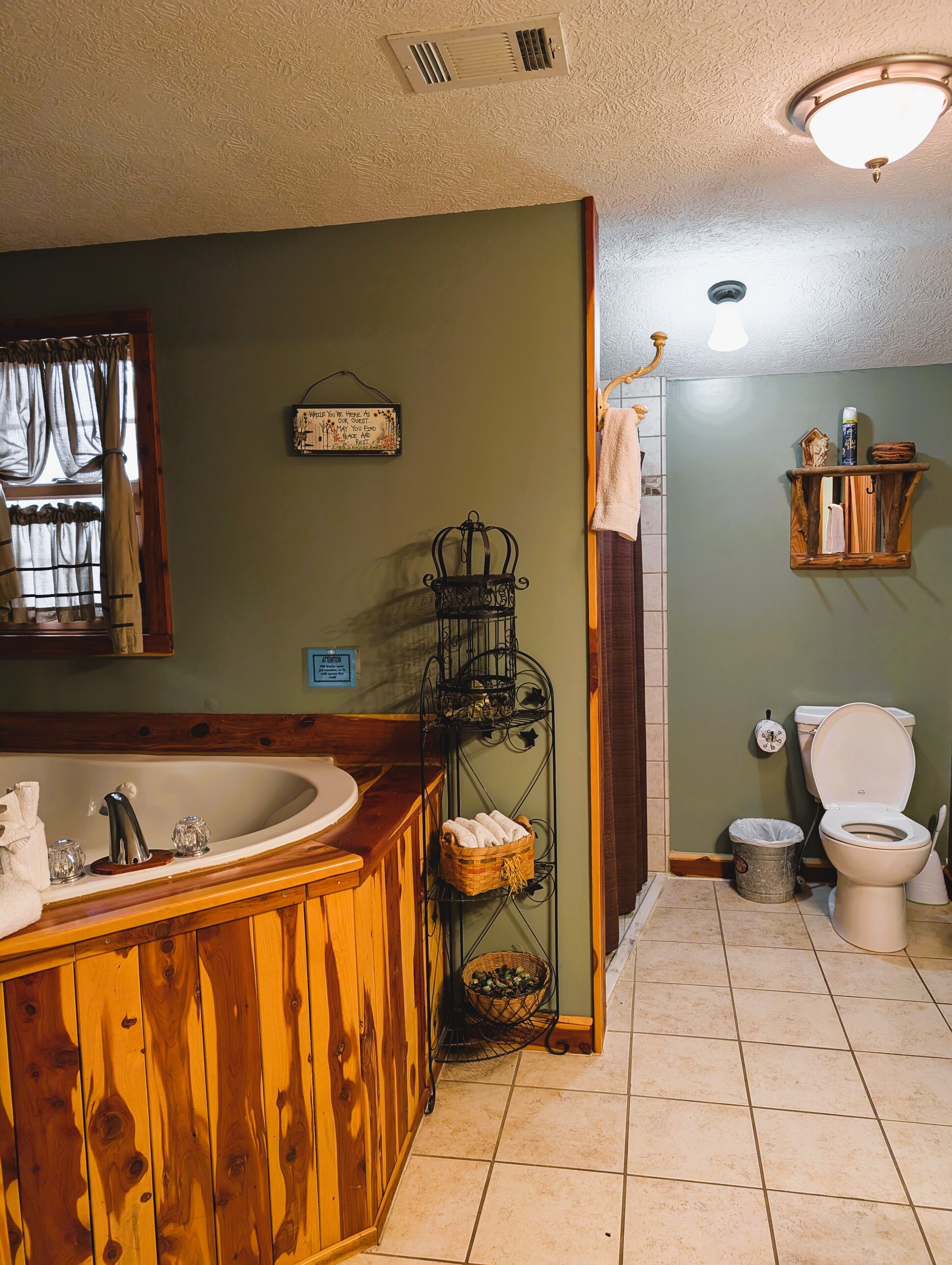 Shower, jetted bath, hair dryer, towels