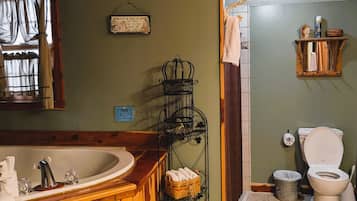 Shower, jetted bath, hair dryer, towels