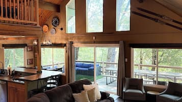 Smart TV, fireplace, books, stereo