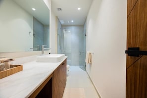 Shower, hair dryer, towels, soap