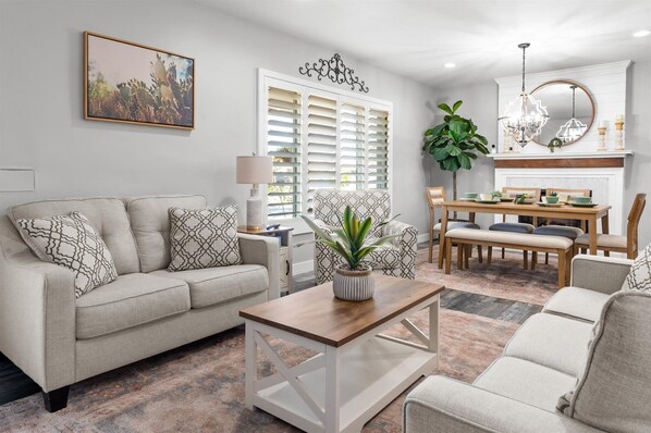 Smart TV, fireplace, books