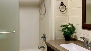 A bathroom with a glass shower enclosure, a bathtub, a sink with a countertop, a mirror, and a potted plant. - The best room to relax (Nanoose Bay)