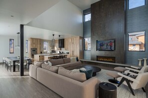 Smart TV, fireplace, foosball