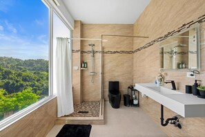 Hair dryer, towels, soap, toilet paper